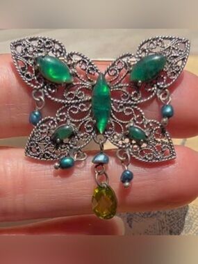 Vintage Brooch Antique Butterfly Abalone Ammonite Teal Pearls & Faceted Peridot